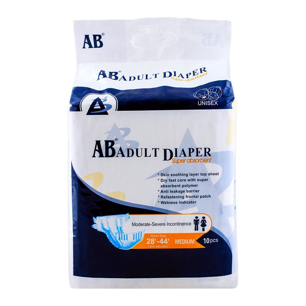 AB Adult Diaper, 28'-44' Waist, Medium, 10-Pack