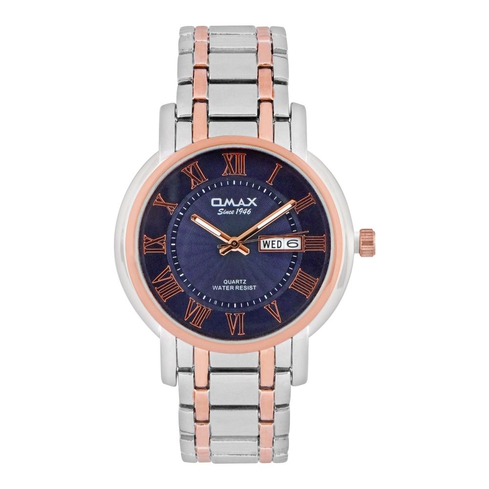 Omax Men's Quartz Blue Round Dial With Pink Case & Two Tone Bracelet Analog Watch, HYB061N004