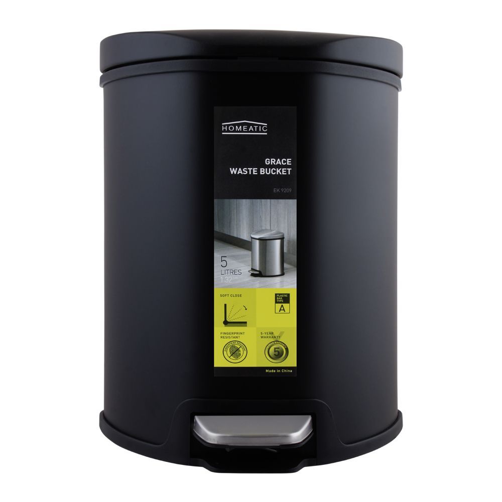 Homeatic Grace Pedal Bin, Soft Close, 5 Liters, Black, EK-9209-5