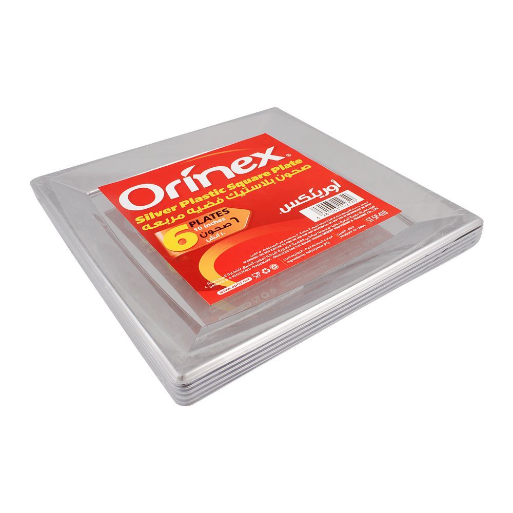 Orinex Silver Plastic Square Plate, 10 Inches, 6-Pack