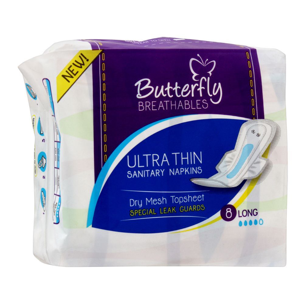 Butterfly Breathables Ultra Thin Sanitary Napkins, Dry Mesh Topsheet, Large, 8 Pads