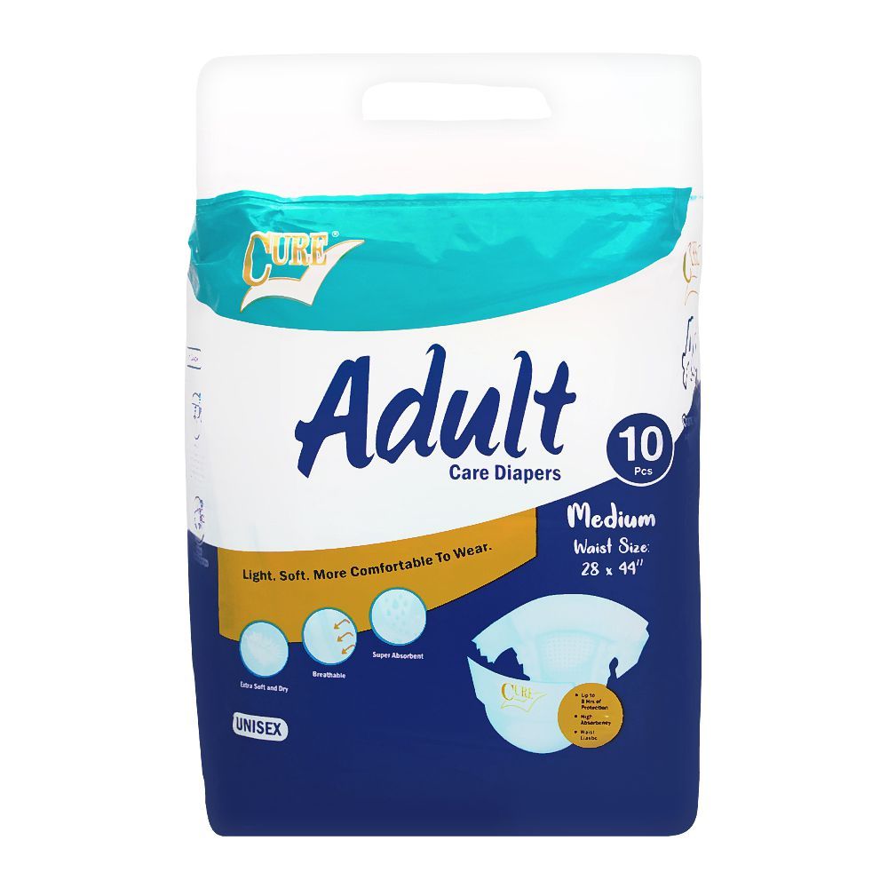 Cure Adult Care Diapers, Medium, 28x44 Inches, 10-Pack