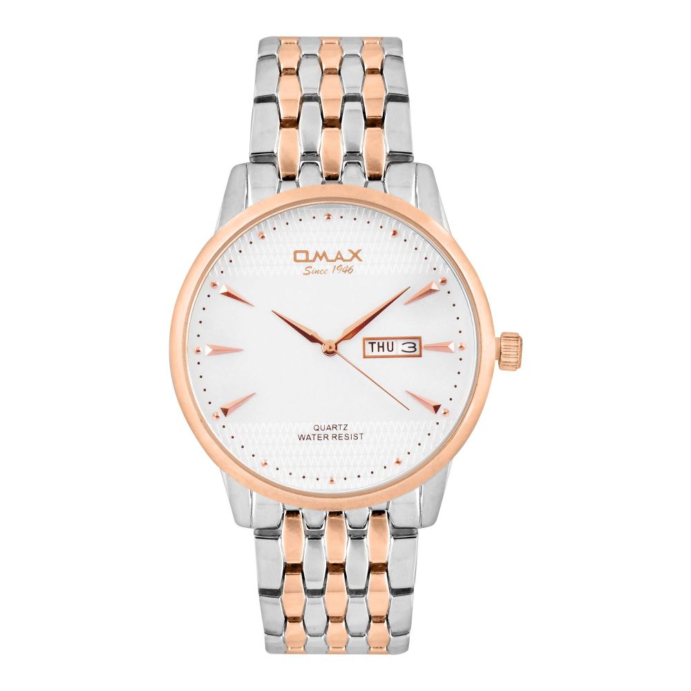 Omax Men's Designed White Round Dial With Two Tone Bracelet Analog Watch, HYB057N028