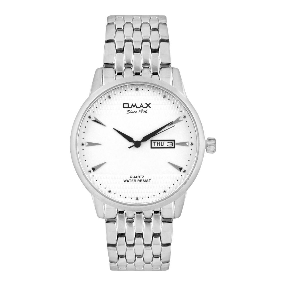 Omax Men's White Round Dial With Chrome Bracelet Analog Watch, HYB057P018