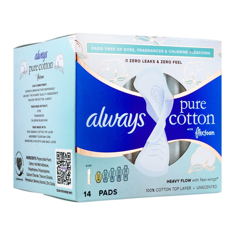 Always Pure Cotton Flex Foam Regular Flow Flexi-Wings Unscented Pads, Size 1, 14-Pack