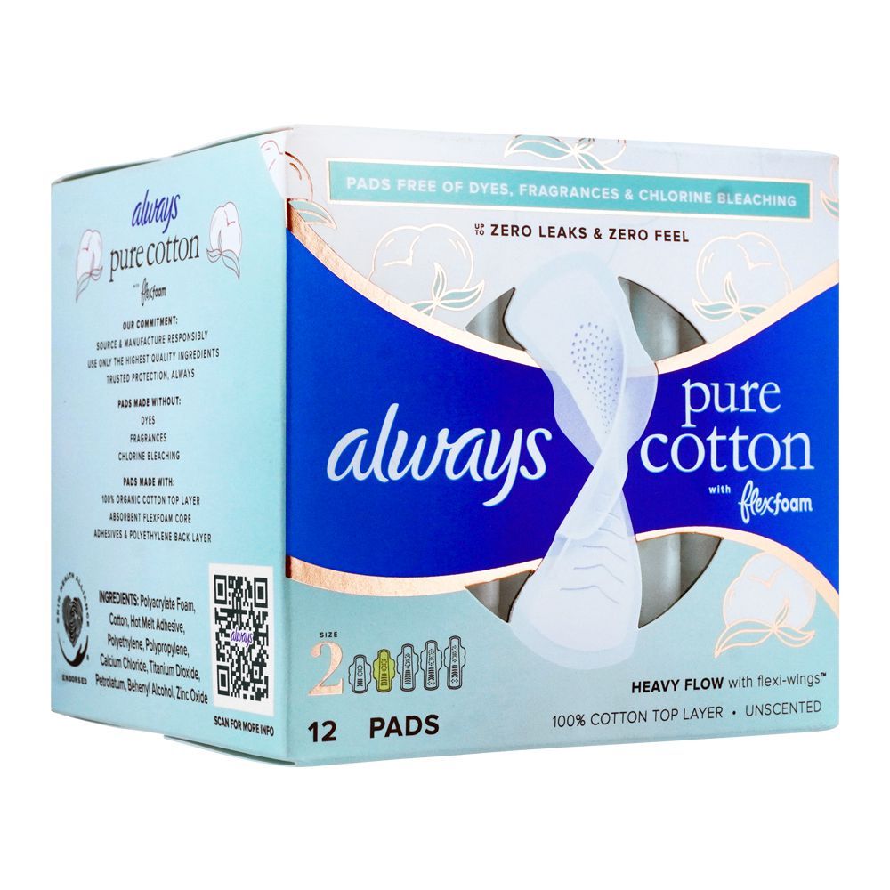 Always Pure Cotton Flex Foam Heavy Flow Flexi-Wings Unscented Pads, Size 2, 12-Pack