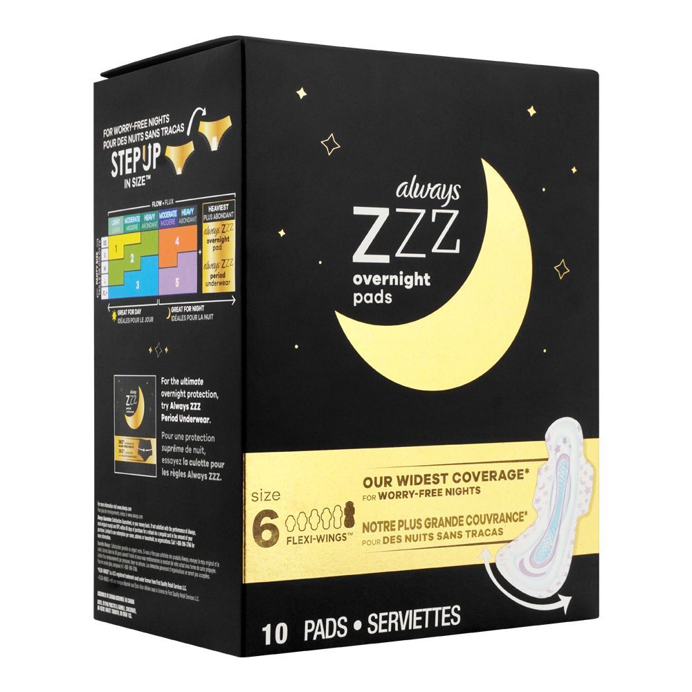 Always ZZZ Overnight Pads Flexi-Wings, Size 6, 10-Pack