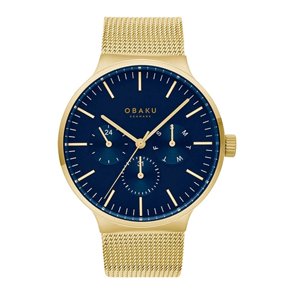 Obaku Men's Yellow Gold Round Dial With Navy Blue Background Chronograph Watch, V229gGLMG