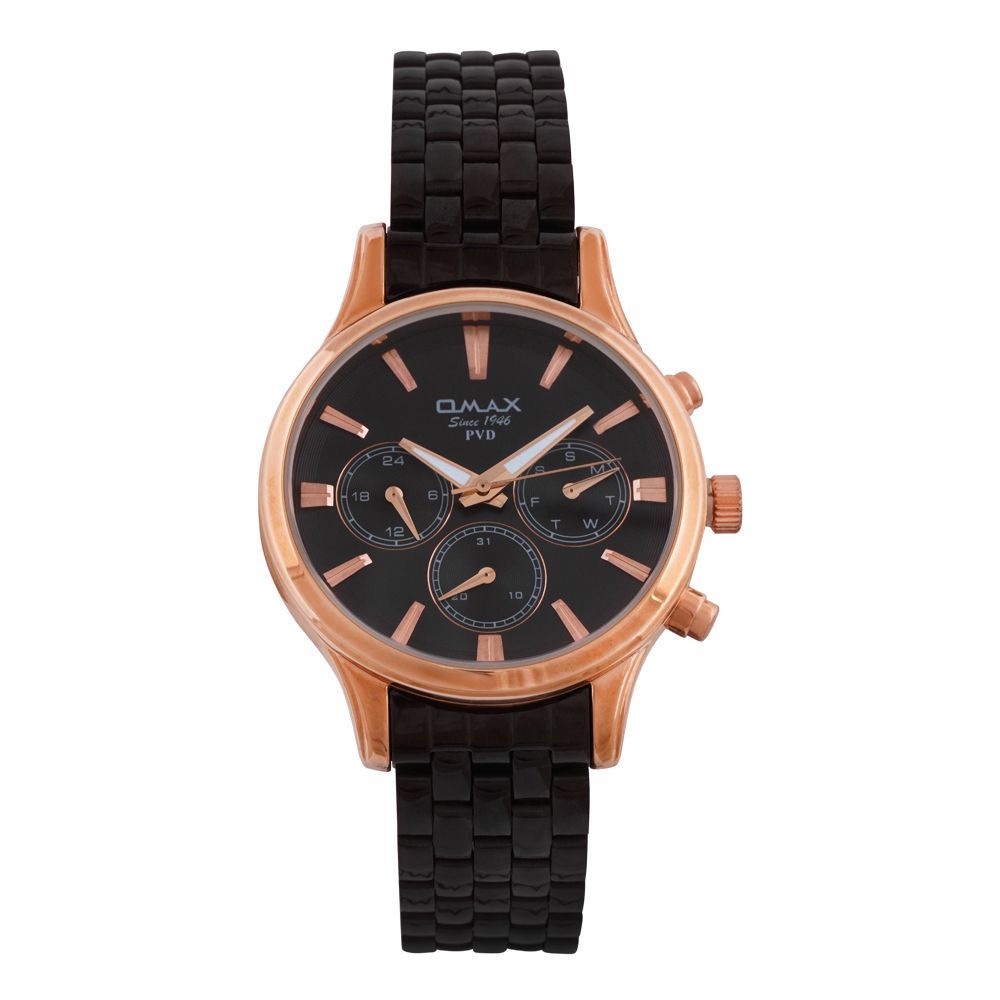 Omax Men's PVD Rust Gold Round Dial With Black Bracelet  Chronograph Watch, FSM001U032