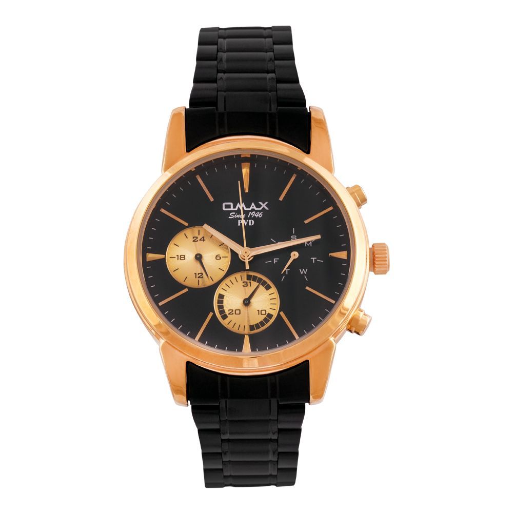 Omax Men's PVD Rust Gold Round Dial With Black Bracelet  Chronograph Watch, FSM003U022