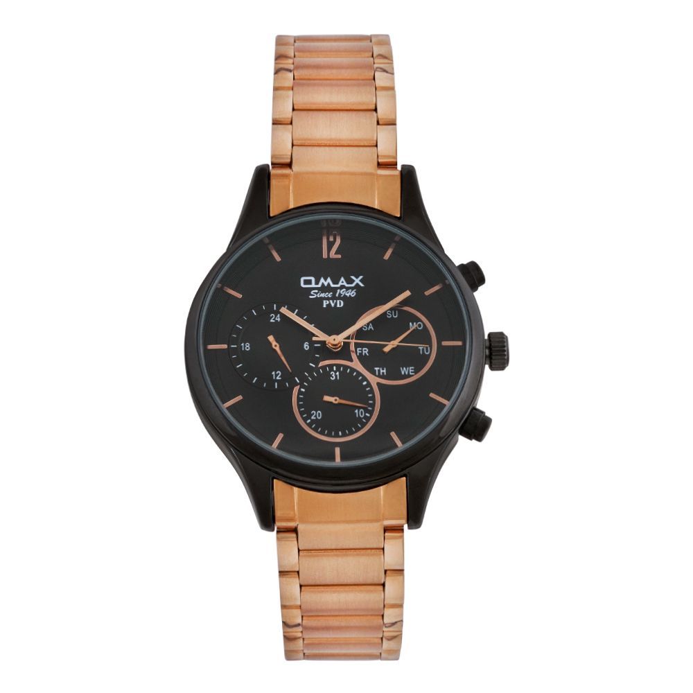 Omax Men's PVD Black Round Dial With Rust Gold Bracelet  Chronograph Watch, FSM009U012