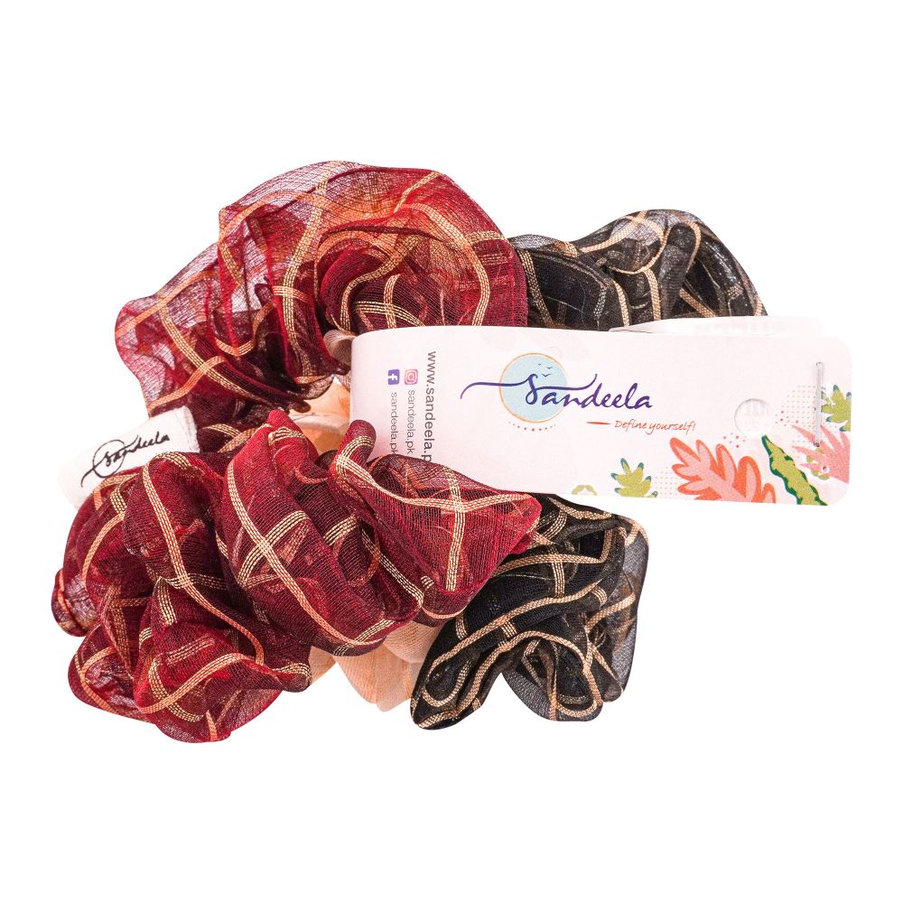 Sandeela Organza Classic Scrunchies, Maroon/Beige/Black, 03-04-3006, 3-Pack