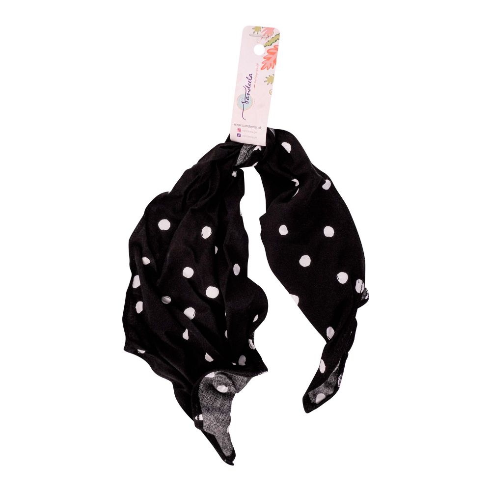 Sandeela Cotton Hair Scarf, Black With White Polka Dots, 10-01-1001