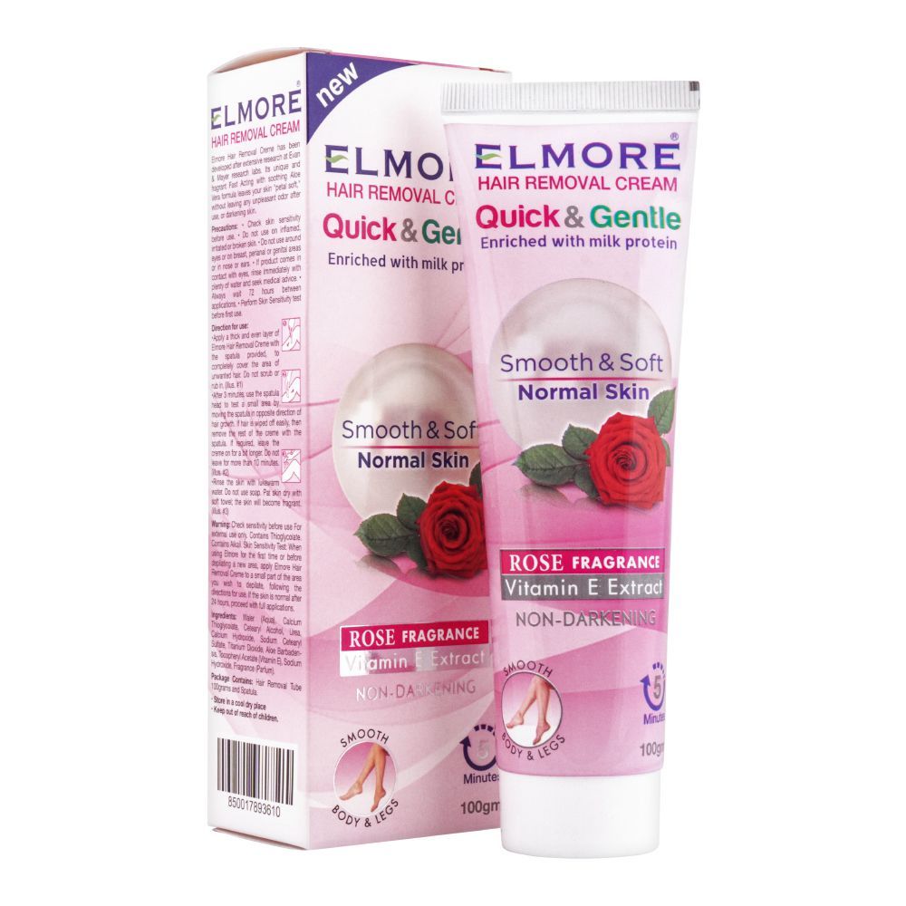 Elmore Quick & Gentle Soft & Smooth Rose Fragrance Normal Skin Hair Removal Cream, 100g