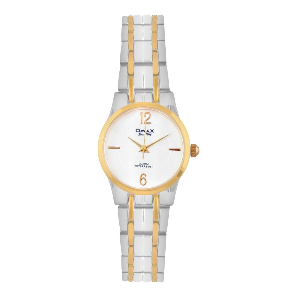 Omax Women's White Round Dial With Golden Case & Two Tone Bracelet Analog Watch, HSA078N018