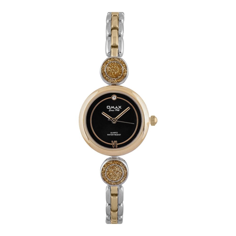 Omax Women's Black Round Dial With Designed Two Tone Chain Analog Watch, JJL860N004