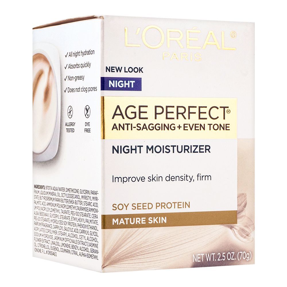 L'Oreal Paris Age Perfect Anti-Sagging + Even Tone Night Moisturizer, Soy Seed Protection, For Mature Skin, 70g