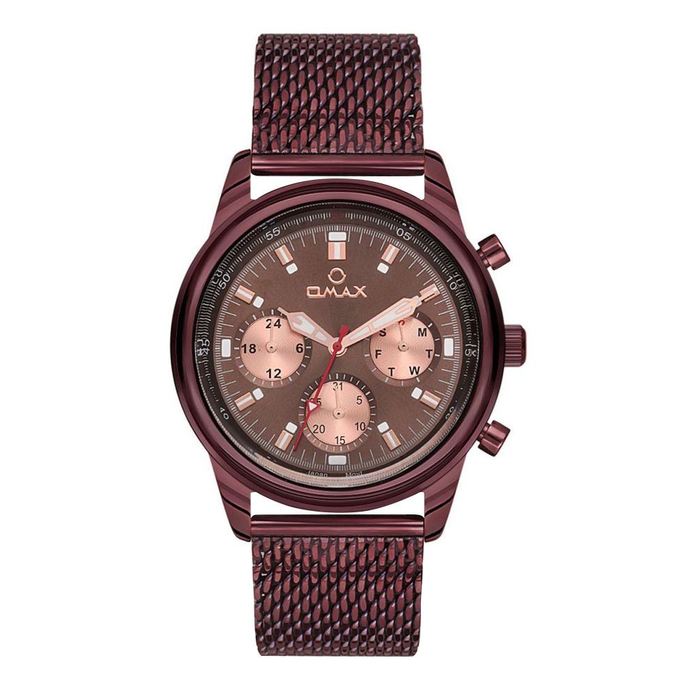 Omax Men's Round Maroon Dial & Bracelet Chronograph Watch, VC01-Brown