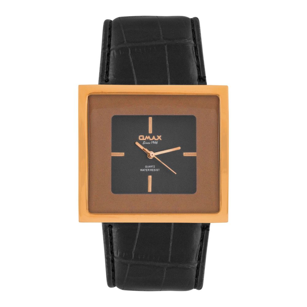 Omax Women's Rust Gold Square Dial & Texture Black Strap Analog Watch, DA02R55I