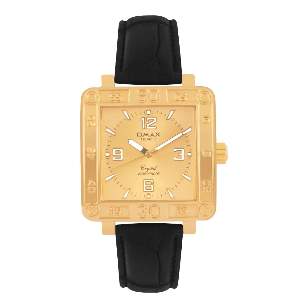 Omax Golden Square Dial With Black Strap Analog Watch, DBL067