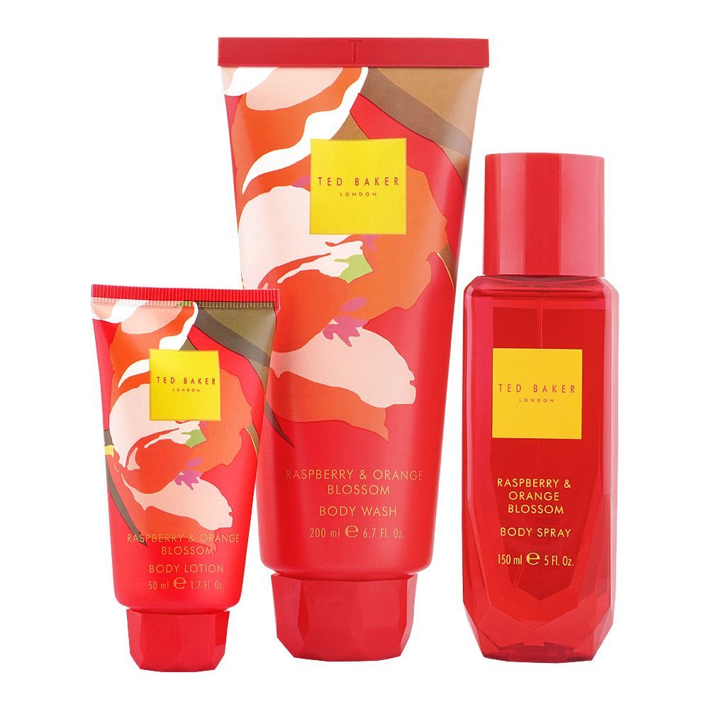 Ted Baker Travel In Style Raspberry & Orange Blossom Set Body Wash + Body Spray + Body Lotion + Sheet Mask