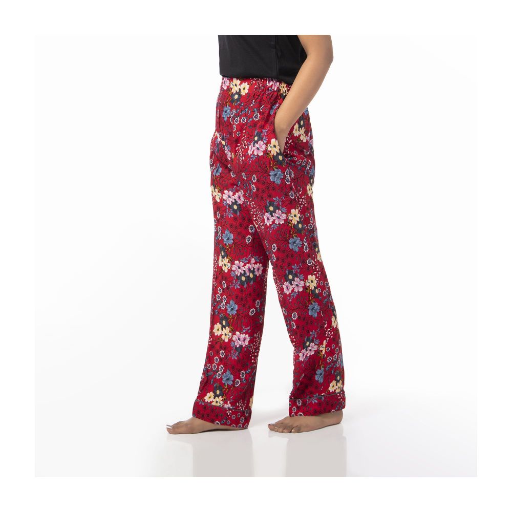 Basix Women's Linen Pajama, Cherry Red Flora and Leaves, 114